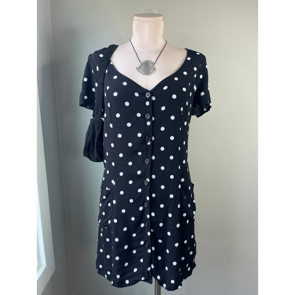 Urban Outfitters Mini Dress Black Polka Dot Button Front Tie Back V-Neck Large